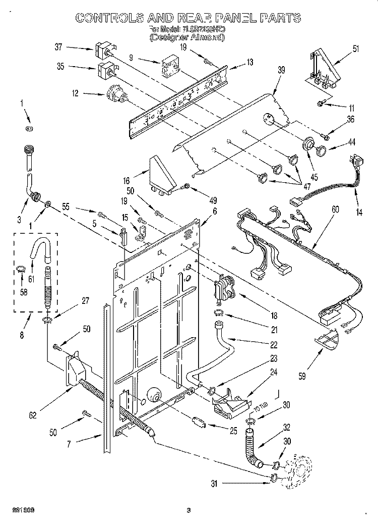 CONTROLS AND REAR PANEL Diagram and Parts List for 7LSR7233HZ0  Whirlpool Washer