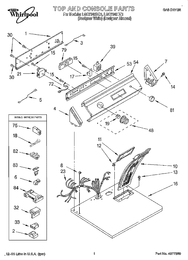 TOP AND CONSOLE, LIT/OPTIONAL Diagram and Parts List for LGC7646DZ1  Whirlpool Dryer
