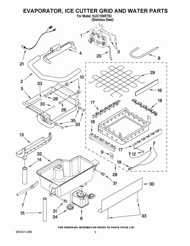 EVAPORATOR, ICE CUTTER GRID AND WATER PARTS Diagram and Parts List for KUIC15NRTS3  KitchenAid Ice Maker