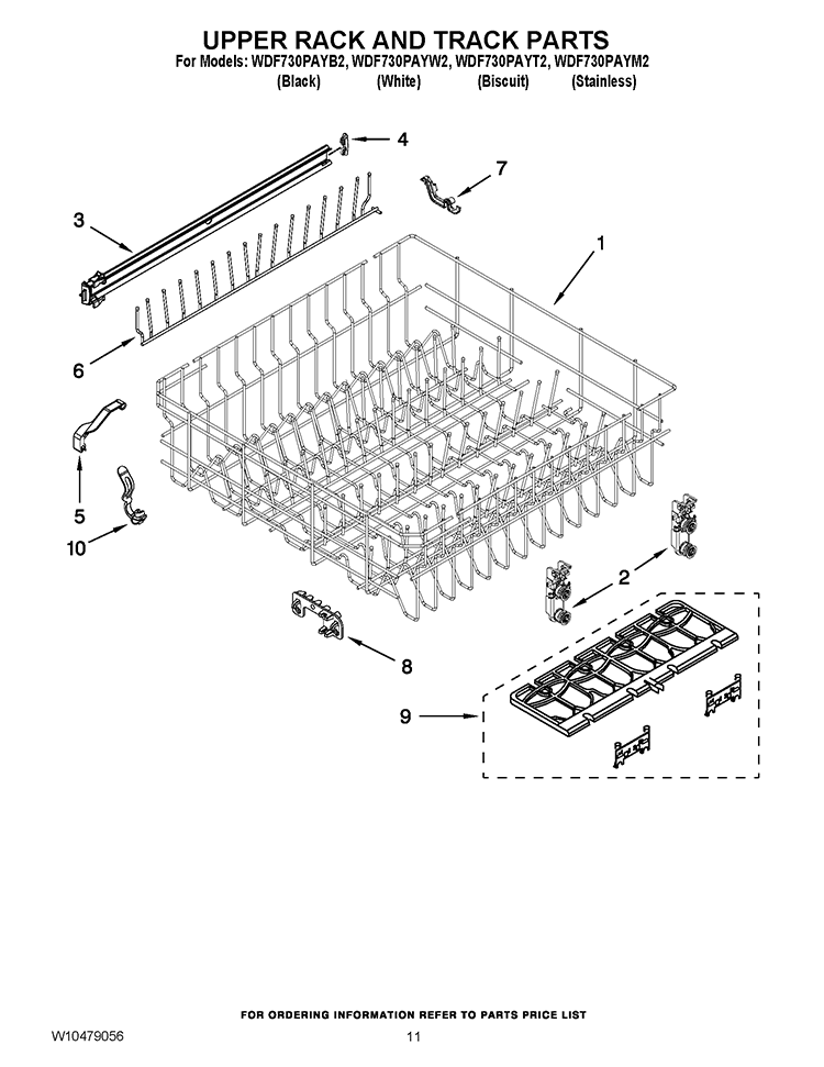 UPPER RACK AND TRACK PARTS Diagram and Parts List for WDF730PAYM2  Whirlpool Dishwasher