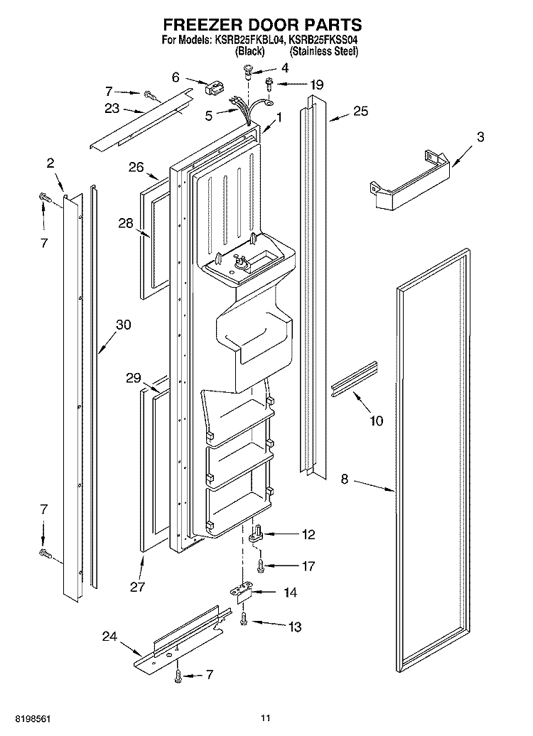 FREEZER DOOR PARTS Diagram and Parts List for KSRB25FKBL04  KitchenAid Refrigerator