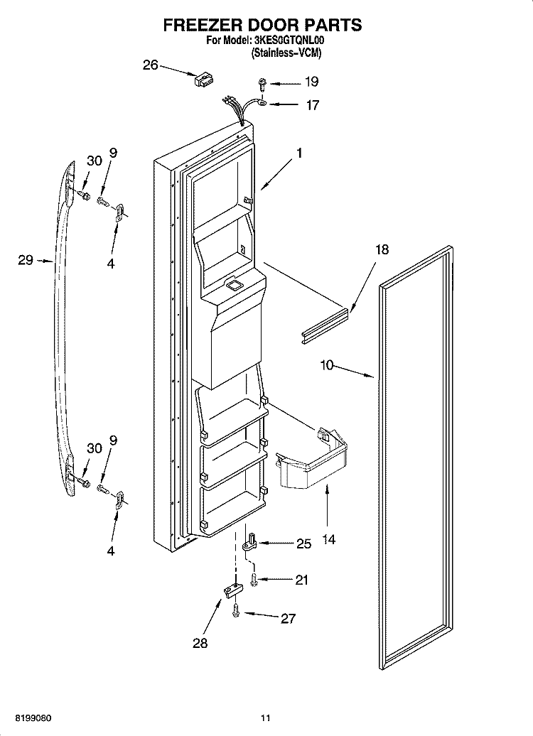 FREEZER DOOR PARTS Diagram and Parts List for 3KES0GTQNL00  Whirlpool Refrigerator