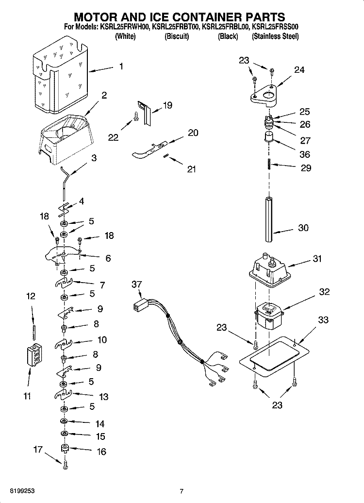 MOTOR AND ICE CONTAINER PARTS Diagram and Parts List for KSRL25FRBT00  KitchenAid Refrigerator