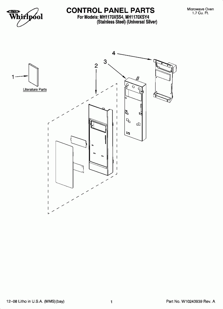 CONTROL PANEL PARTS Diagram and Parts List for MH1170XSS4  Whirlpool Microwave