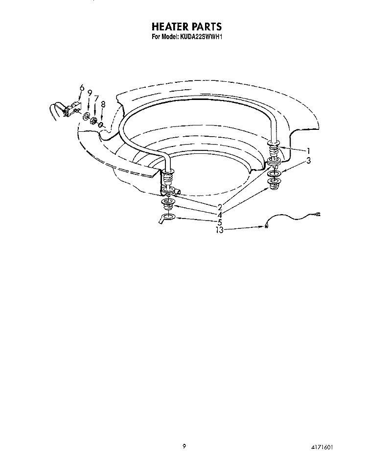 HEATER Diagram and Parts List for KUDA22SWWH1  KitchenAid Dishwasher
