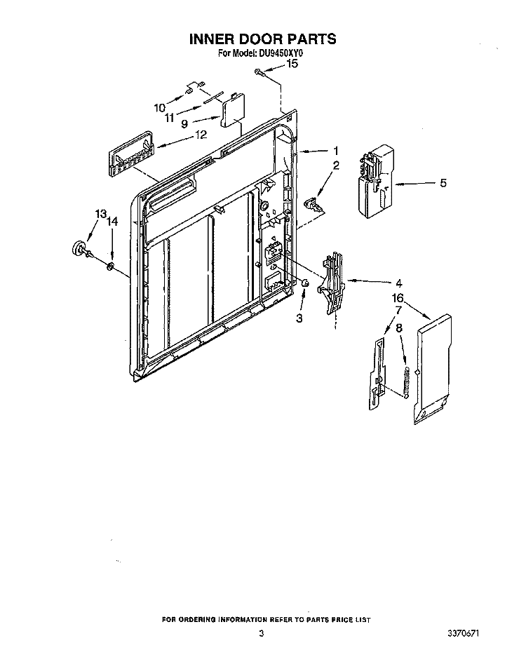 INNER DOOR Diagram and Parts List for DU9450XY0  Whirlpool Dishwasher