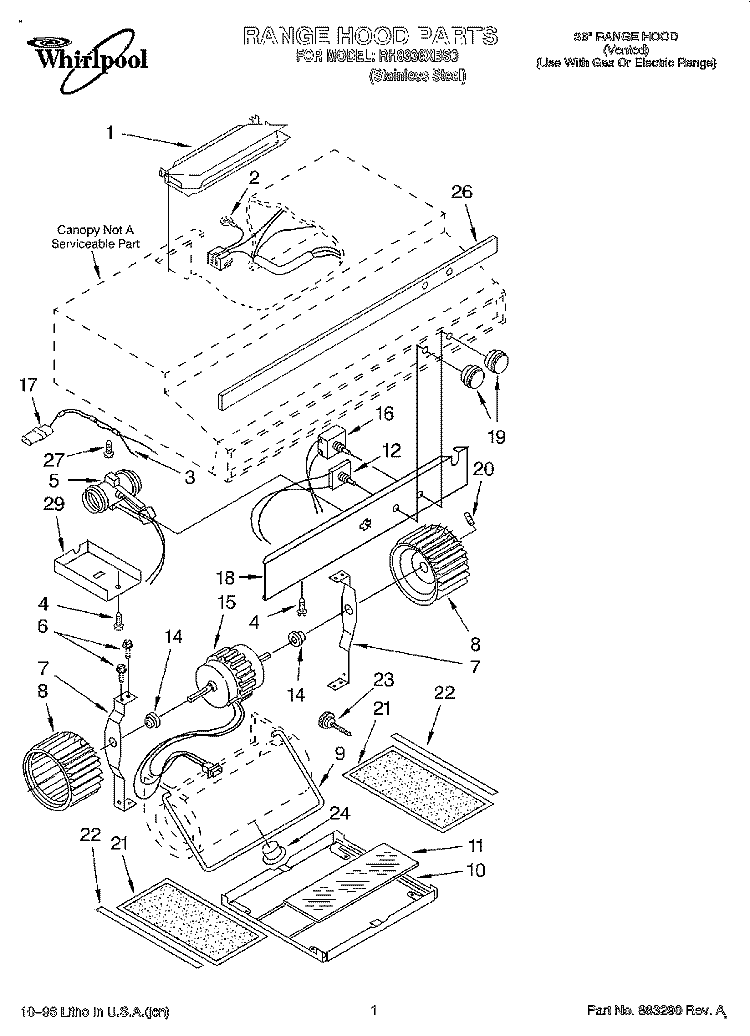 SECTION Diagram and Parts List for RH8336XBS0  Whirlpool Range Hood