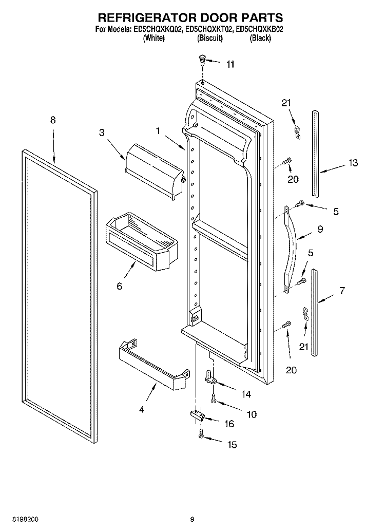 REFRIGERATOR DOOR PARTS Diagram and Parts List for ED5CHQXKQ02  Whirlpool Refrigerator