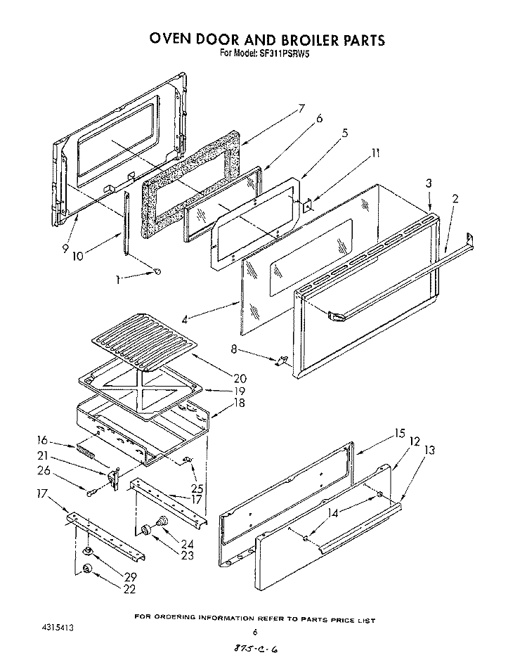 OVEN DOOR AND BROILER Diagram and Parts List for SF311PSRW5  Whirlpool Range
