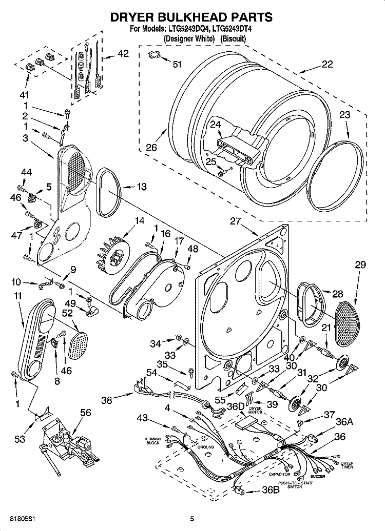 DRYER BULKHEAD PARTS Diagram and Parts List for LTG5243DT4  Whirlpool Washer Dryer Combo