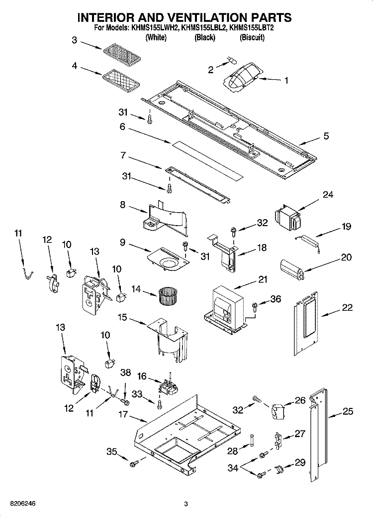 INTERIOR AND VENTILATION PARTS Diagram and Parts List for KHMS155LWH2  KitchenAid Microwave