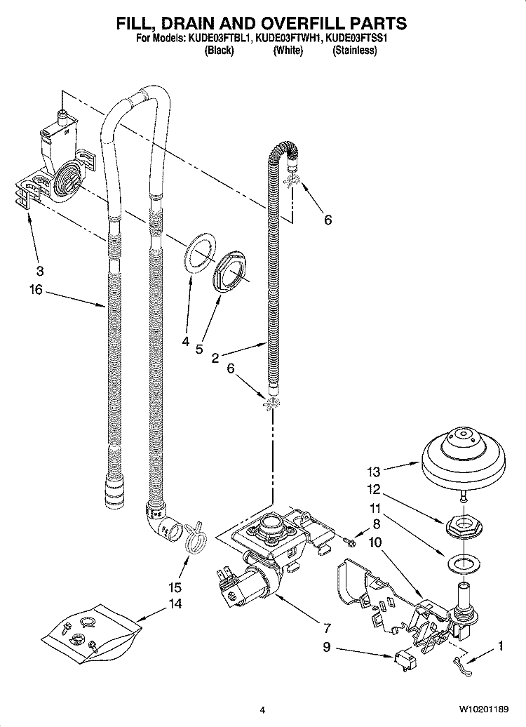 FILL, DRAIN AND OVERFILL PARTS Diagram and Parts List for KUDE03FTBL1  KitchenAid Dishwasher