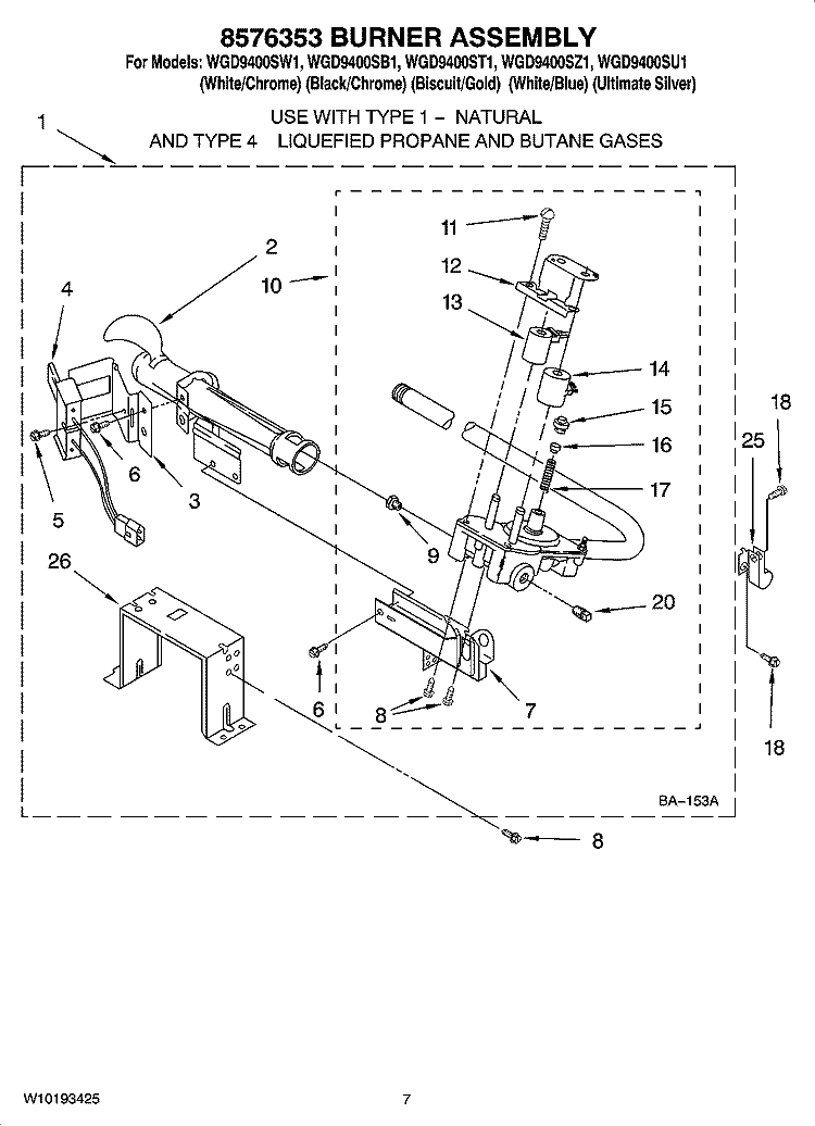 8576353 BURNER ASSEMBLY Diagram and Parts List for WGD9400SB1  Whirlpool Dryer