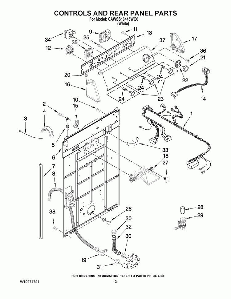 CONTROLS AND REAR PANEL PARTS Diagram and Parts List for CAWSS16445WQ0  Crosley Washer