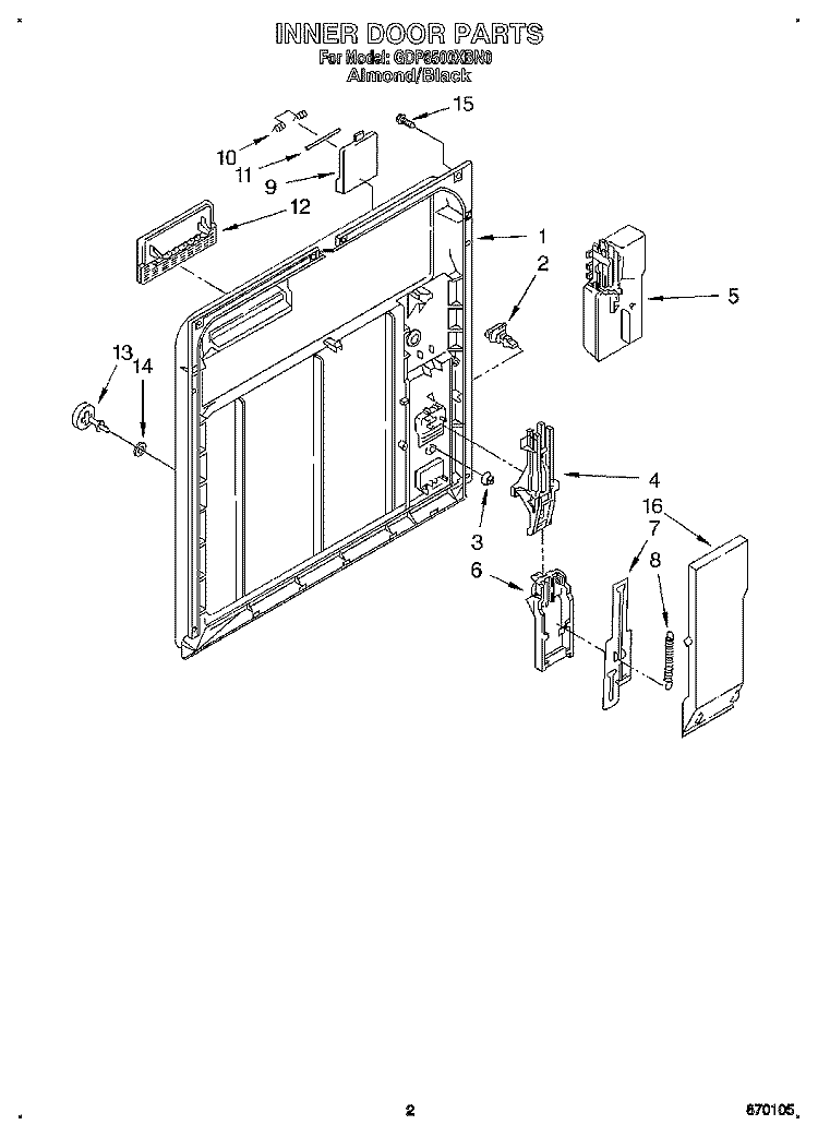 INNER DOOR Diagram and Parts List for GDP8500XBN0  Whirlpool Dishwasher