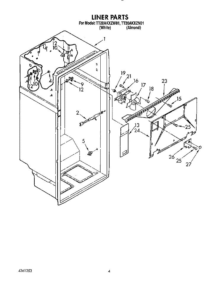 LINER Diagram and Parts List for TT20AKXZN01  Whirlpool Refrigerator