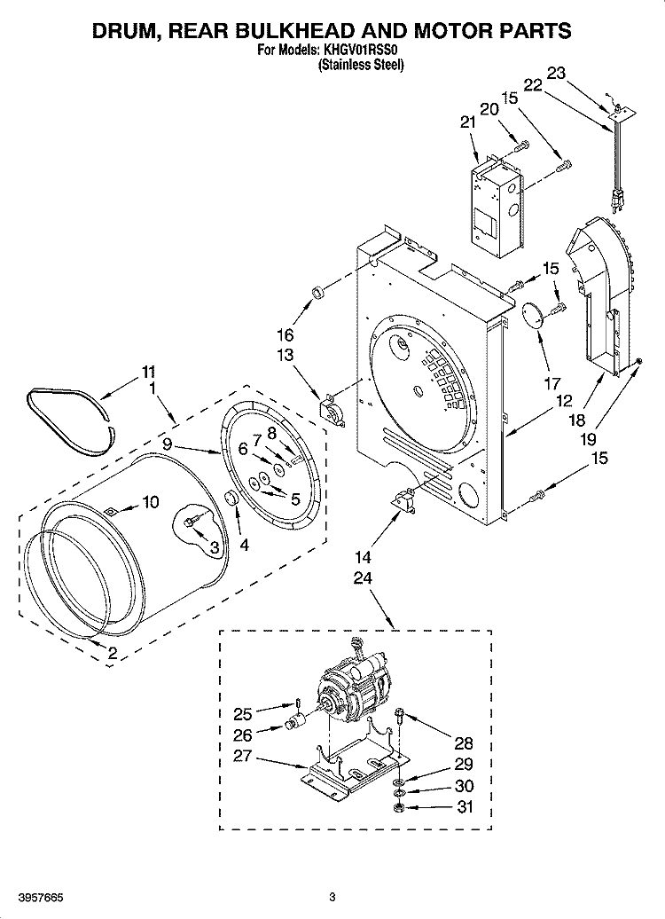 DRUM, REAR BULKHEAD AND MOTOR PARTS Diagram and Parts List for KHGV01RSS0  KitchenAid Dryer