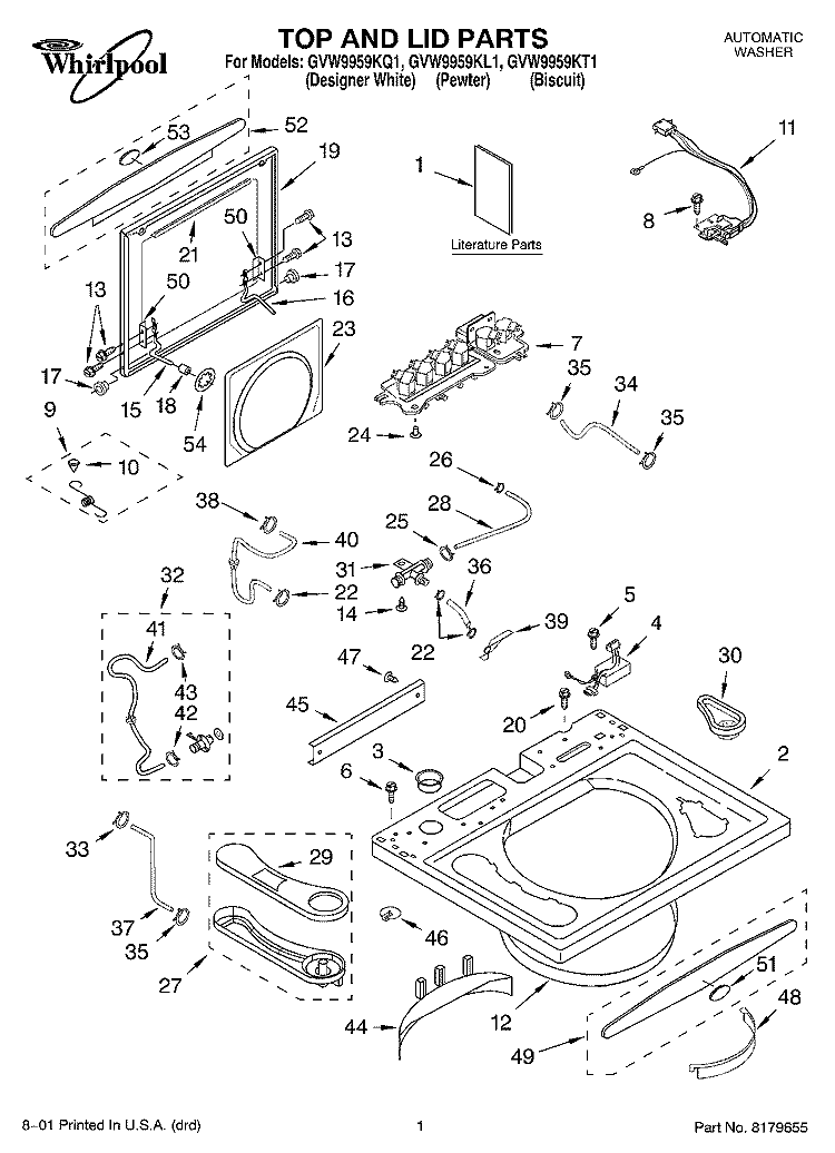 TOP AND LID, LITERATURE Diagram and Parts List for GVW9959KT1  Whirlpool Washer