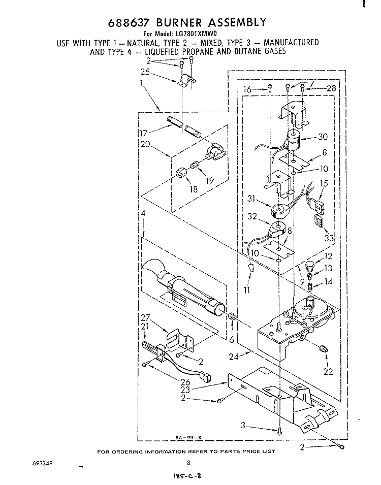 688637 BURNER Diagram and Parts List for LG7801XMW0  Whirlpool Dryer