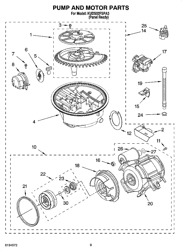 PUMP AND MOTOR PARTS Diagram and Parts List for KUDS02FSPA3  KitchenAid Dishwasher