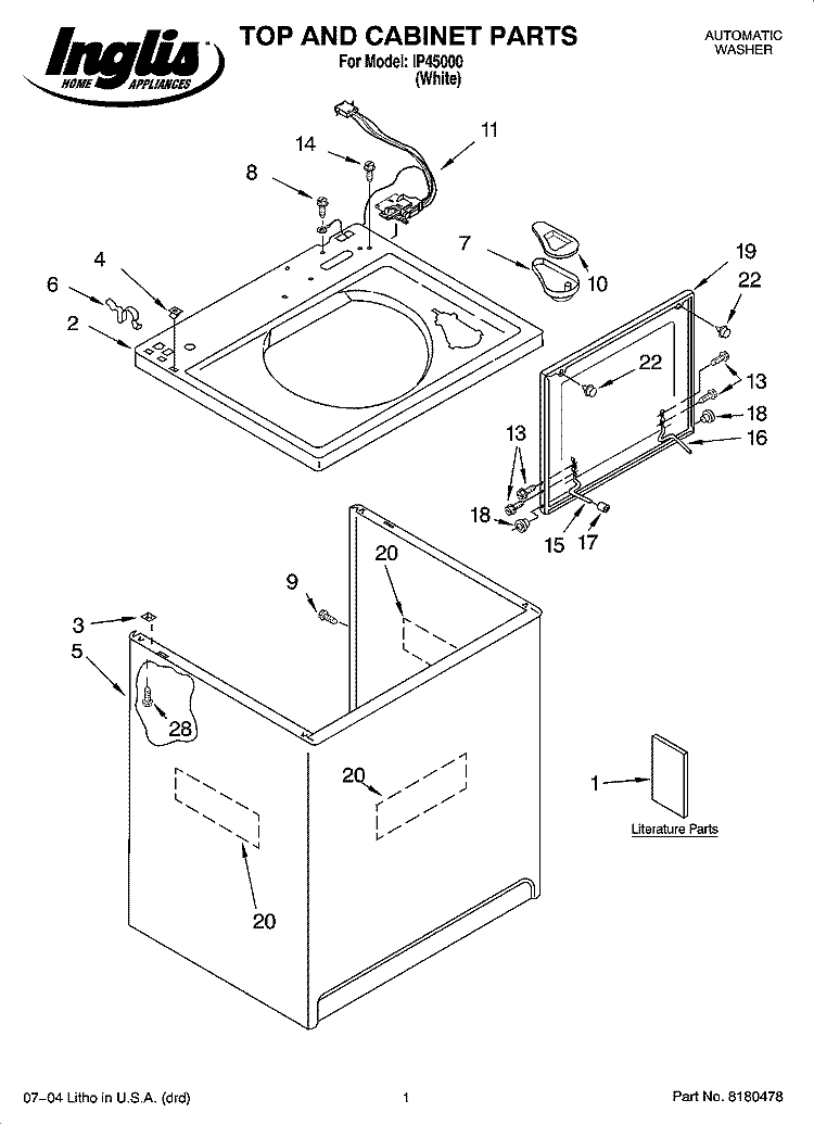 TOP AND CABINET PARTS Diagram and Parts List for IP45000  Inglis Washer