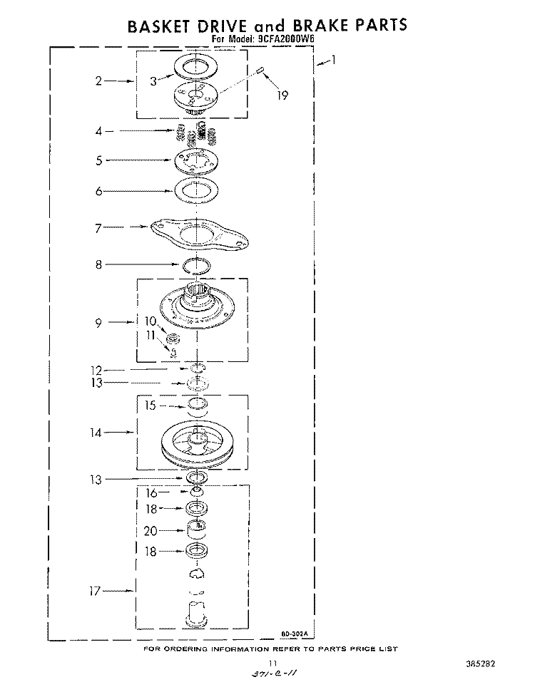 BASKET DRIVE AND BRAKE Diagram and Parts List for 9CFA2000W6  Whirlpool Washer