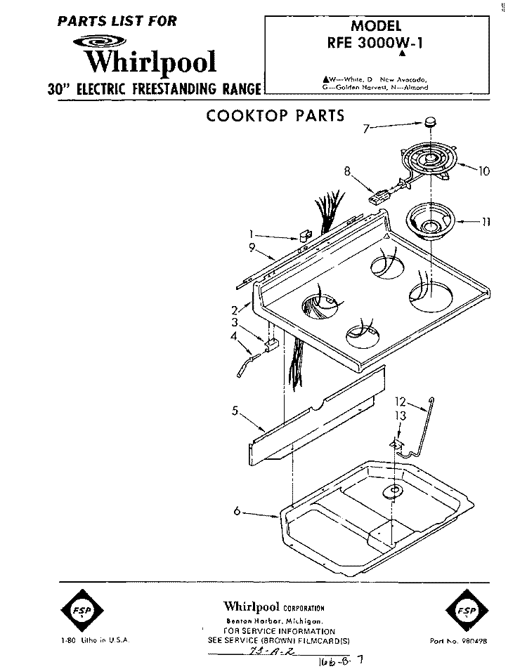 COOKTOP Diagram and Parts List for RFE3000W1  Whirlpool Range