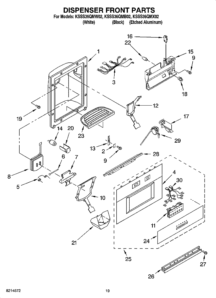 DISPENSER AND FRONT PARTS Diagram and Parts List for KSSS36QMB02  KitchenAid Refrigerator