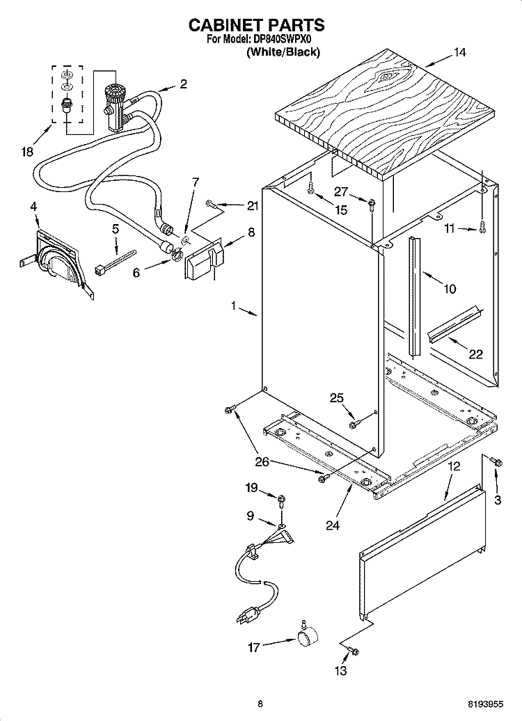 CABINET PARTS, OPTIONAL PARTS (NOT INCLUDED) Diagram and Parts List for DP840SWPX0  Whirlpool Dishwasher