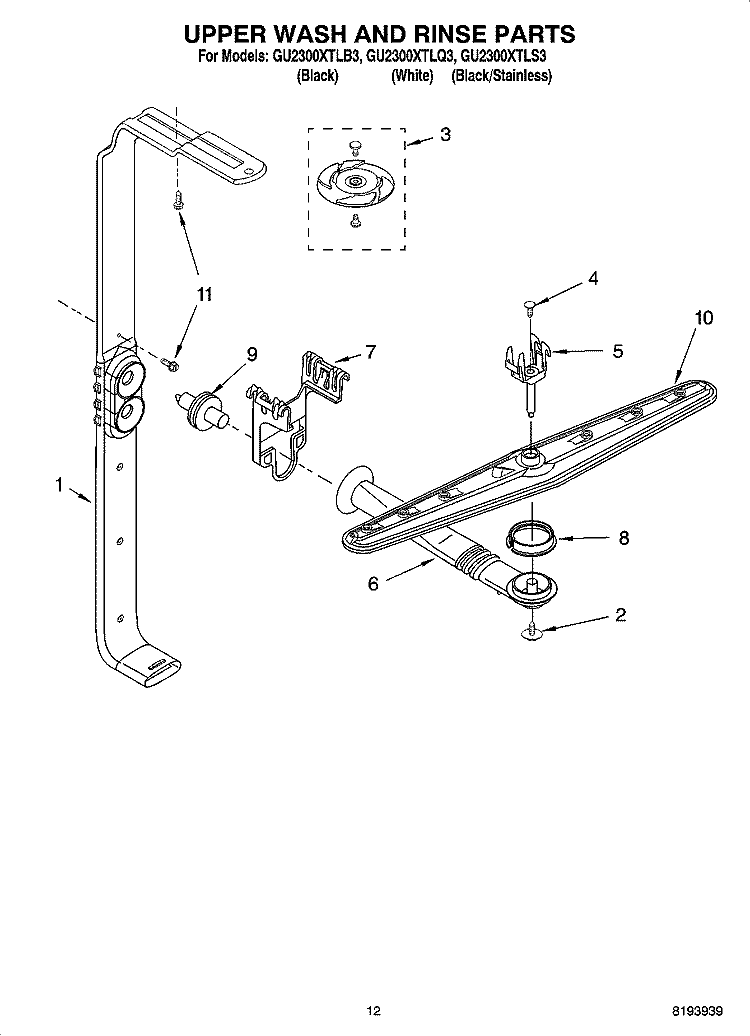UPPER WASH AND RINSE PARTS Diagram and Parts List for GU2300XTLB3  Whirlpool Dishwasher
