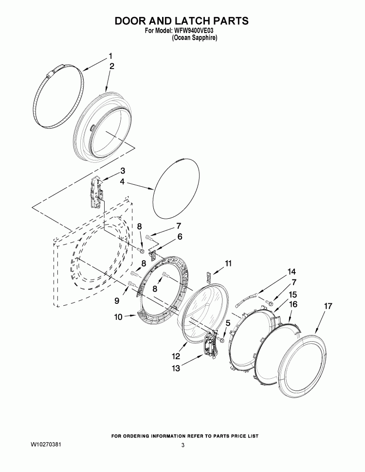 DOOR AND LATCH PARTS Diagram and Parts List for WFW9400VE03  Whirlpool Washer