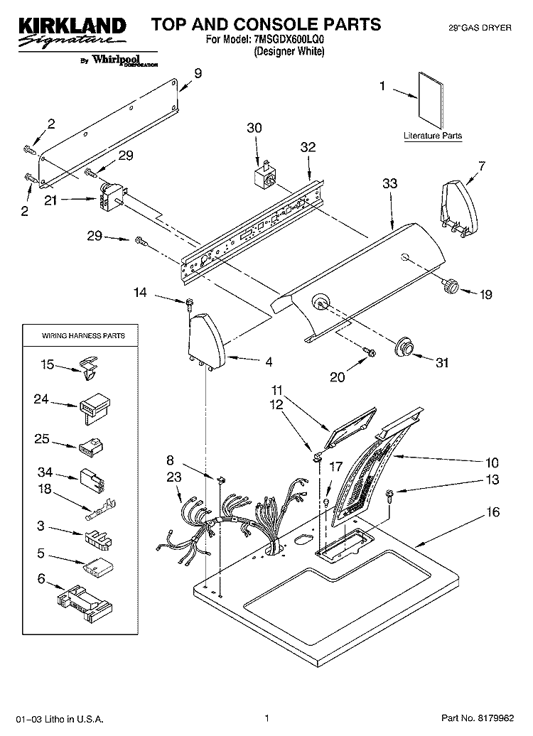 TOP AND CONSOLE PARTS Diagram and Parts List for 7MSGDX600LQ0  Whirlpool Dryer