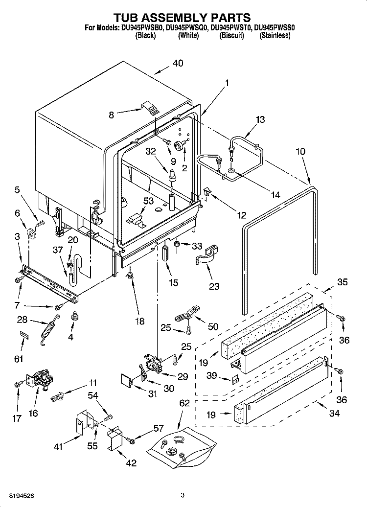 TUB ASSEMBLY PARTS Diagram and Parts List for DU945PWSQ0  Whirlpool Dishwasher