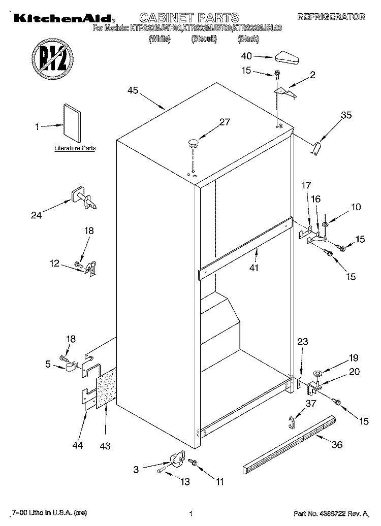 CABINET, LITERATURE Diagram and Parts List for KTRS22MJBL00  KitchenAid Refrigerator