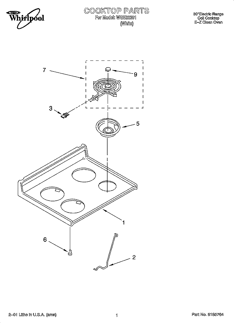 COOKTOP PARTS Diagram and Parts List for WGE32301  Whirlpool Range