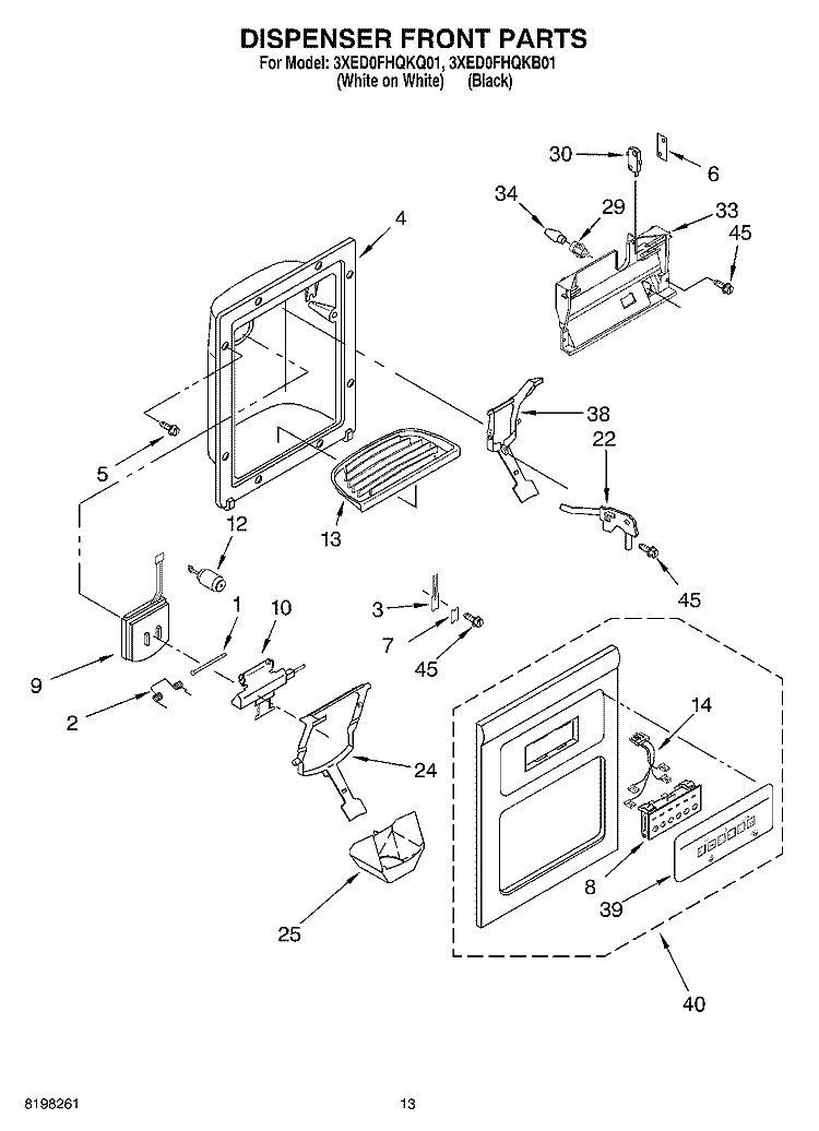 DISPENSER FRONT Diagram and Parts List for 3XED0FHQKB01  Whirlpool Refrigerator