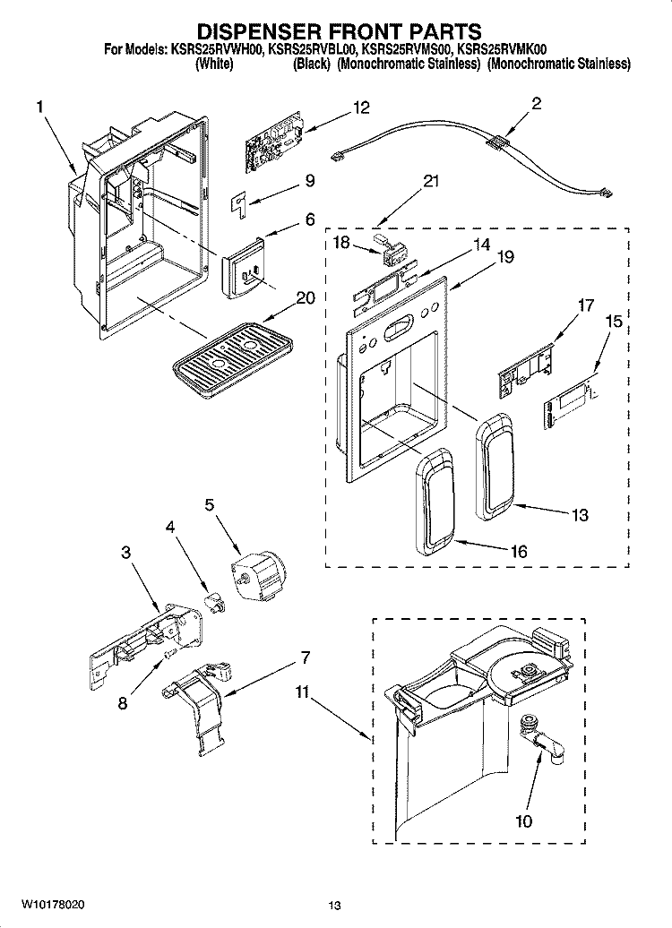 DISPENSER FRONT PARTS Diagram and Parts List for KSRS25RVMS00  KitchenAid Refrigerator