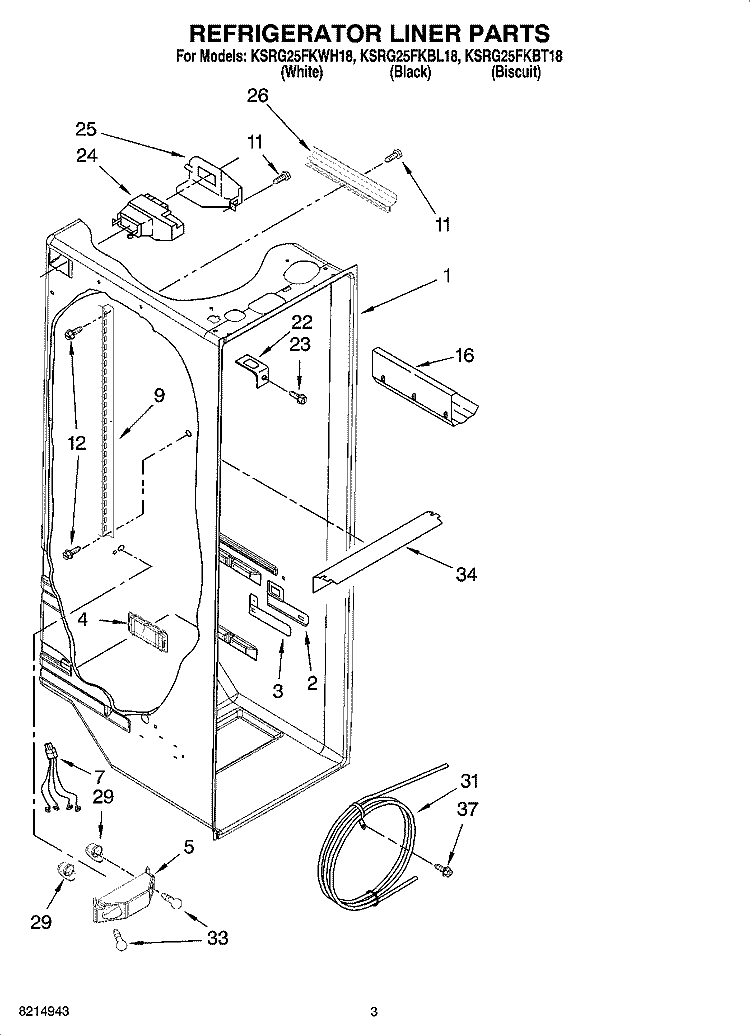 REFRIGERATOR LINER PARTS Diagram and Parts List for KSRG25FKBL18  KitchenAid Refrigerator