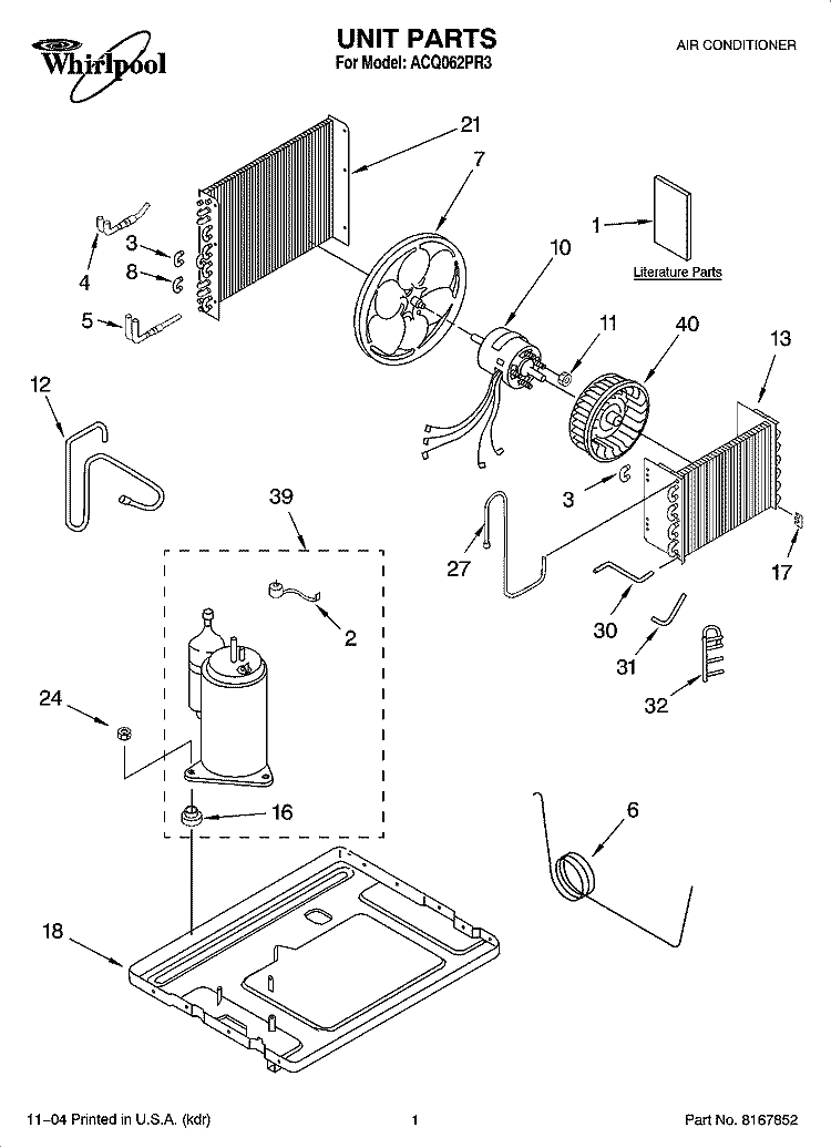 UNIT PARTS Diagram and Parts List for ACQ062PR3  Whirlpool Air Conditioner