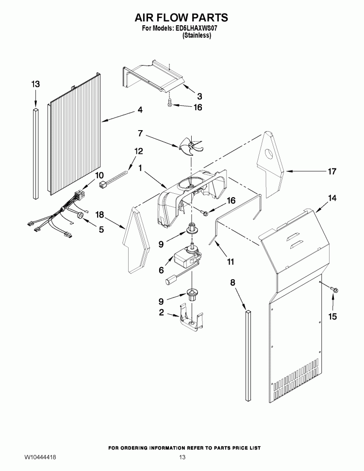 AIR FLOW PARTS Diagram and Parts List for ED5LHAXWS07  Whirlpool Refrigerator