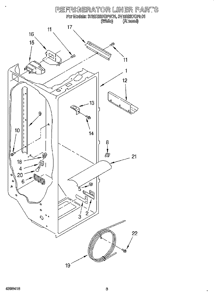 REFRIGERATOR LINER Diagram and Parts List for 3VED23DQFN01  Whirlpool Refrigerator