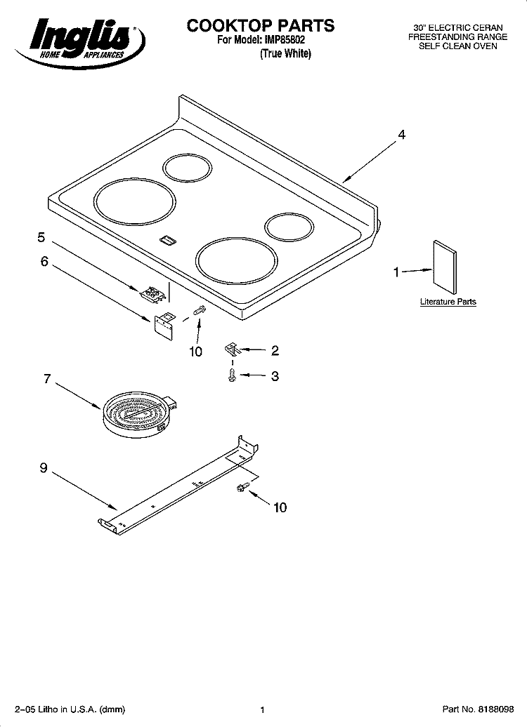 COOKTOP PARTS Diagram and Parts List for IMP85802  Inglis Range