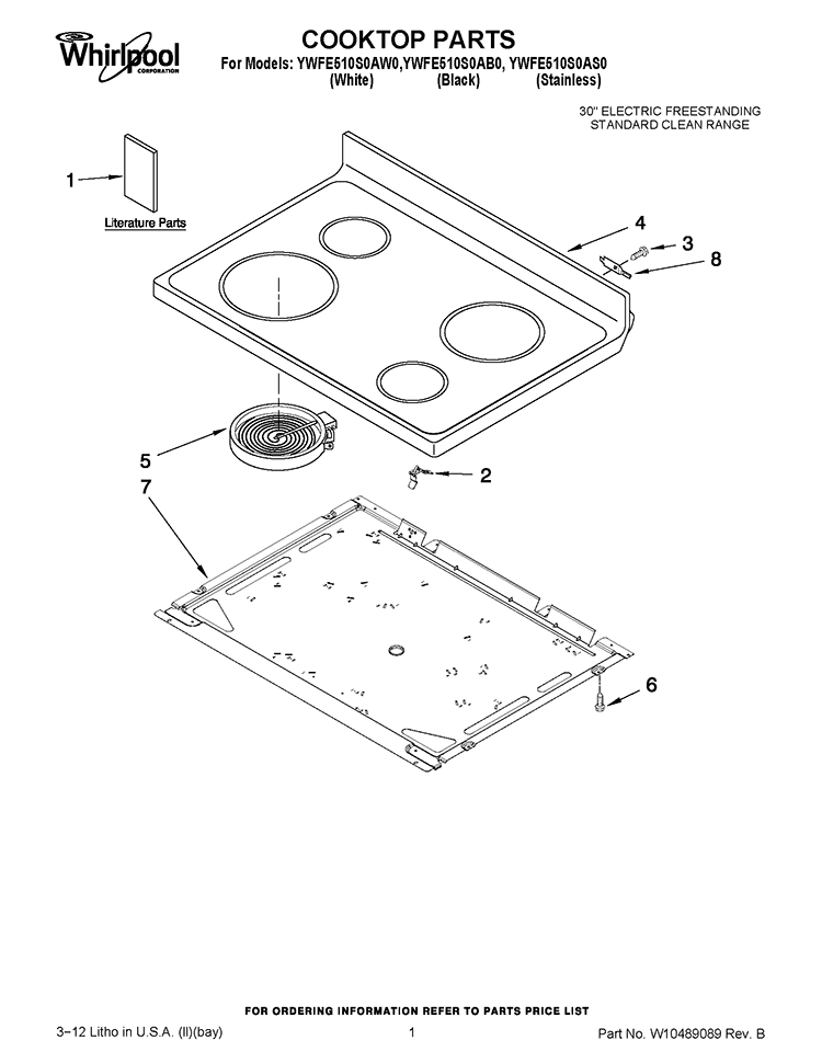 COOKTOP PARTS Diagram and Parts List for YWFE510S0AW0  Whirlpool Range
