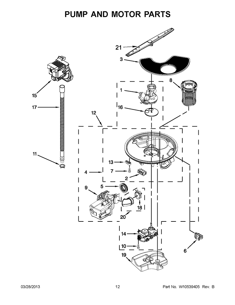 PUMP AND MOTOR PARTS Diagram and Parts List for WDL785SAAM1  Whirlpool Dishwasher