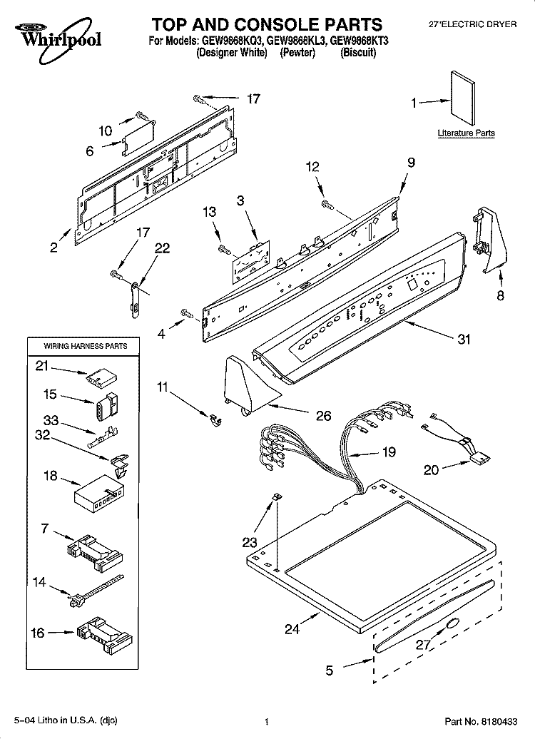 TOP AND CONSOLE PARTS Diagram and Parts List for GEW9868KL3  Whirlpool Dryer