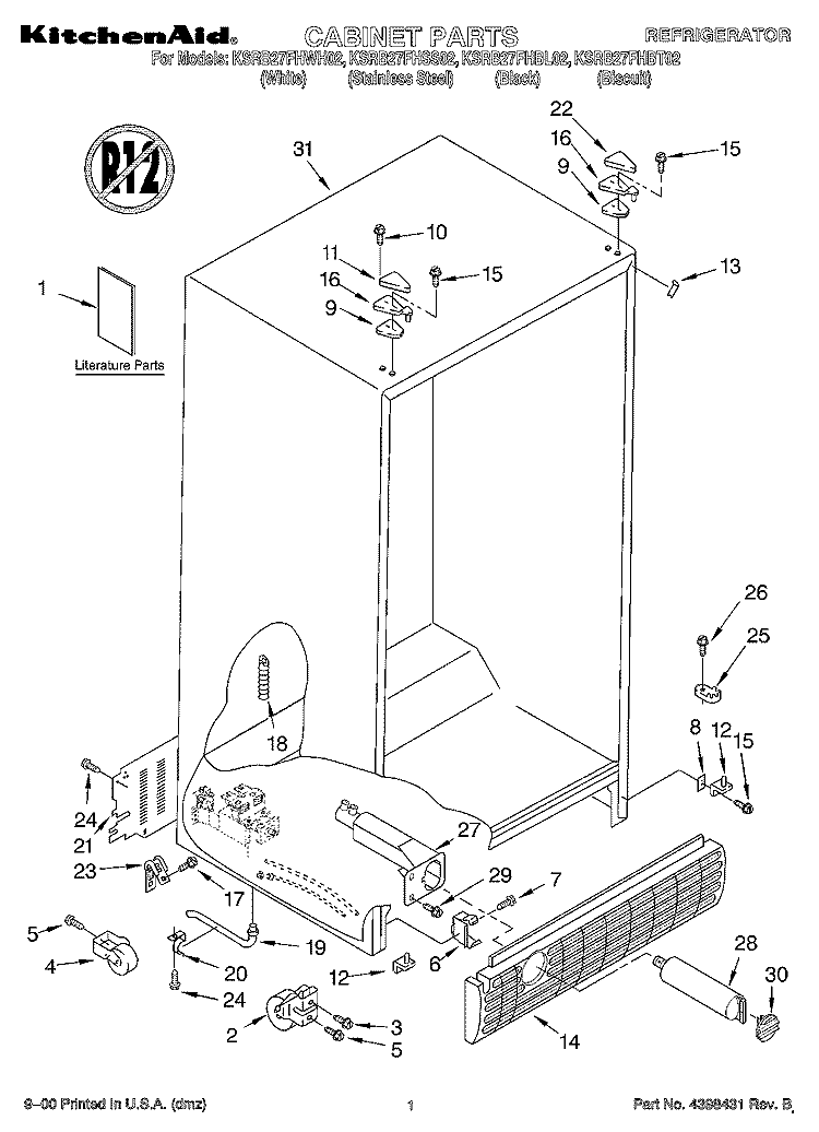 CABINET, LITERATURE Diagram and Parts List for KSRB27FHBL02  KitchenAid Refrigerator