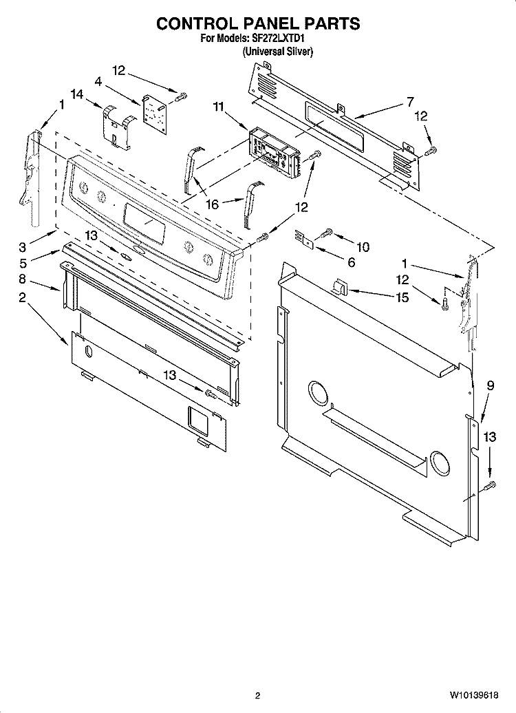 CONTROL PANEL PARTS Diagram and Parts List for SF272LXTD1  Whirlpool Range