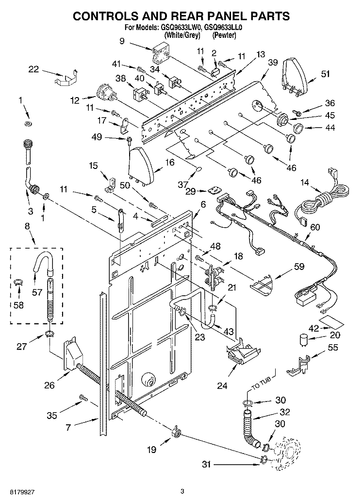 CONTROLS AND REAR PANEL Diagram and Parts List for GSQ9633LL0  Whirlpool Washer