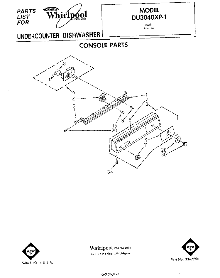 CONSOLE Diagram and Parts List for DU3040XP1  Whirlpool Dishwasher