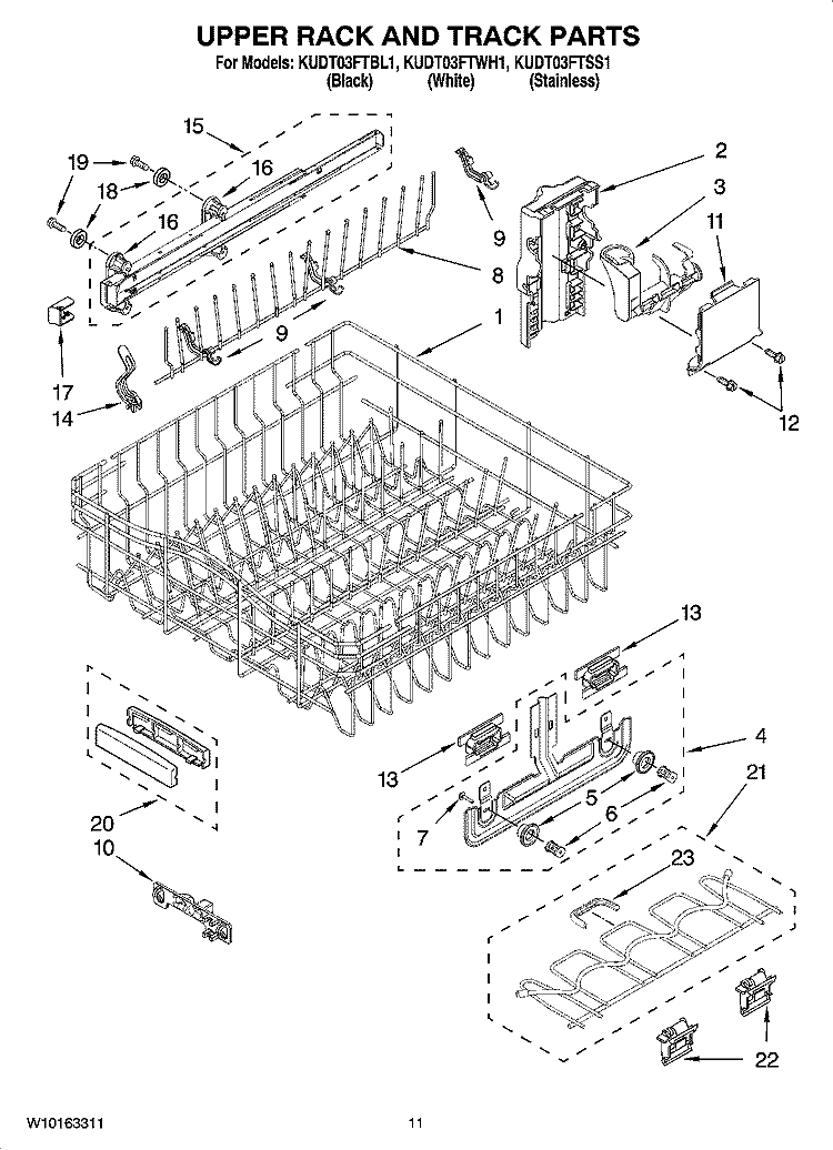 UPPER RACK AND TRACK PARTS Diagram and Parts List for KUDT03FTBL1  KitchenAid Dishwasher